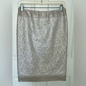 ESCADA metallic silver taupe linen and lace pencil skirt Size 36